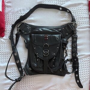 Black Leather finish Harness Crossbody Bag with Silver Hardware